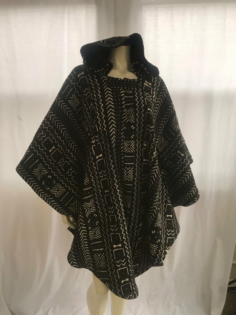 Tidal Cool Long African Mudcloth Cape With Hood In Black And White