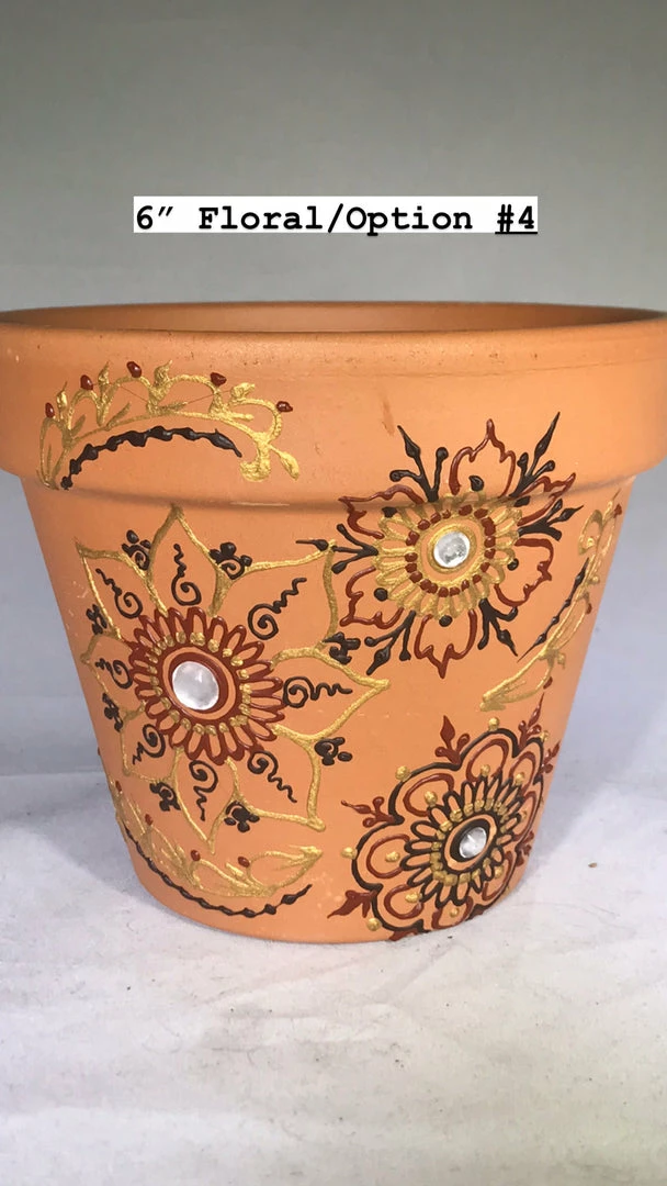 Tidal Cool Earthy Henna Design Hand Painted Terra Cotta Pots Henna Art And Decor