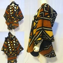 Tidal Cool Long African Mudcloth Cape With Hood In Black, Brown And White Bomber Jackets