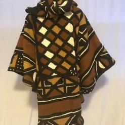 Tidal Cool Long African Mudcloth Cape With Hood In Black, Brown And White Bomber Jackets