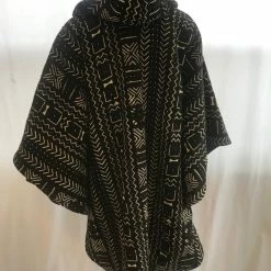 Tidal Cool Long African Mudcloth Cape With Hood In Black And White