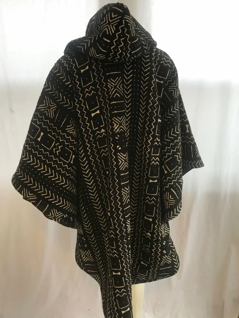 Tidal Cool Long African Mudcloth Cape With Hood In Black And White