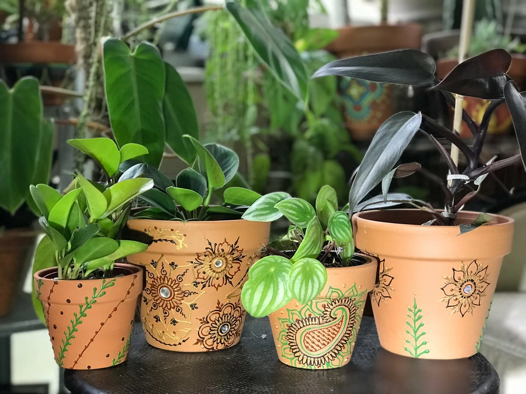 Tidal Cool Earthy Henna Design Hand Painted Terra Cotta Pots Henna Art And Decor