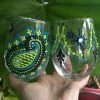 Tidal Cool Hand Painted Wine Glasses In Green And Blue Henna Designs