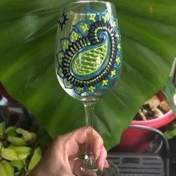 Tidal Cool Hand Painted Wine Glasses In Green And Blue Henna Designs