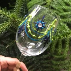 Tidal Cool Hand Painted Wine Glasses In Green And Blue Henna Designs