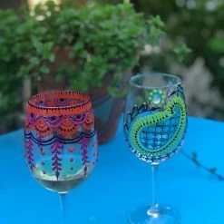 Tidal Cool Hand Painted Wine Glasses In Colorful Henna Design